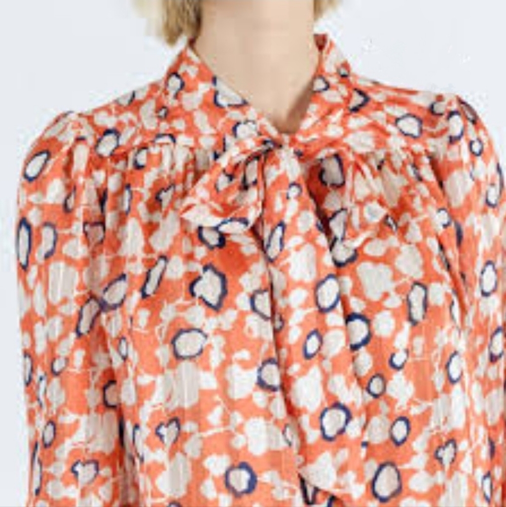 Q2 Orange, Blue, and White Patterned Womens Blouse. Size L